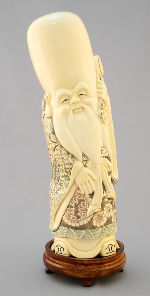Japanese Carved Figure of Shou Lao with Stand, 9 ", No Export.: Japanese Carved Figure of Shou Lao with Stand, 9 ", No Export.