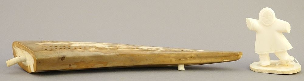 Fossilized Walrus Tusk Cribbage Board (8"L) & Walrus Tusk Figure, 2 1/8"H, NO EXPORT.: Fossilized Walrus Tusk Cribbage Board (8"L) & Walrus Tusk Figure, 2 1/8"H, NO EXPORT.