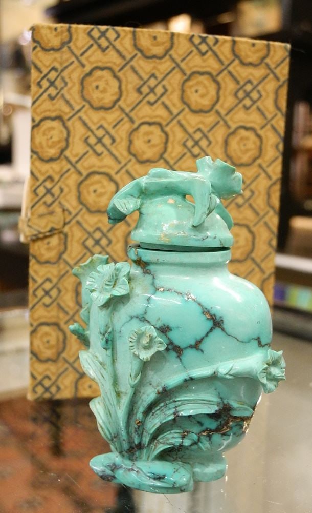 Chinese Turquoise Boulder "Vase" Snuff Bottle, 3"H with Box. (1 of 3)
