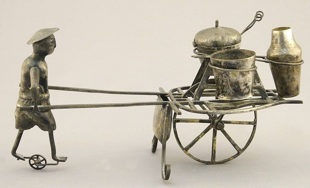 Chinese Silver Plated "Figure & Cart" Condiment Set, 7 1/2"L. (1 of 5)