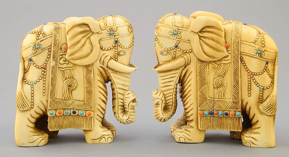 Pair of Chinese Inlaid Caparisoned Elephants, 4" x 1 1/2" x 3 3/4". (1 of 6)
