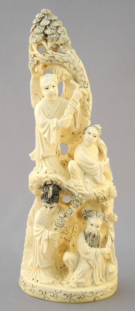 Chinese Carved Lohan Diorama, 8 7/8"h., No Export.: Chinese Carved Lohan Diorama, 8 7/8"h., No Export.