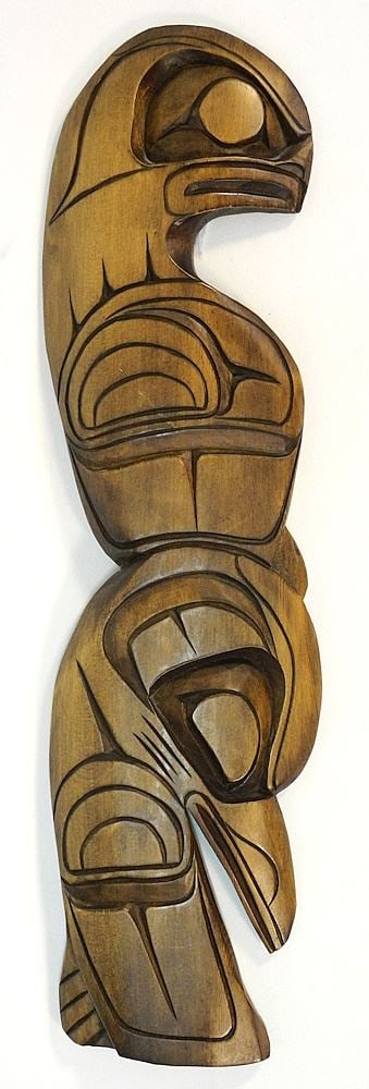 Cedar Carving signed Charles George Dec/92, 18"H, "Eagle & Raven". (1 of 2)