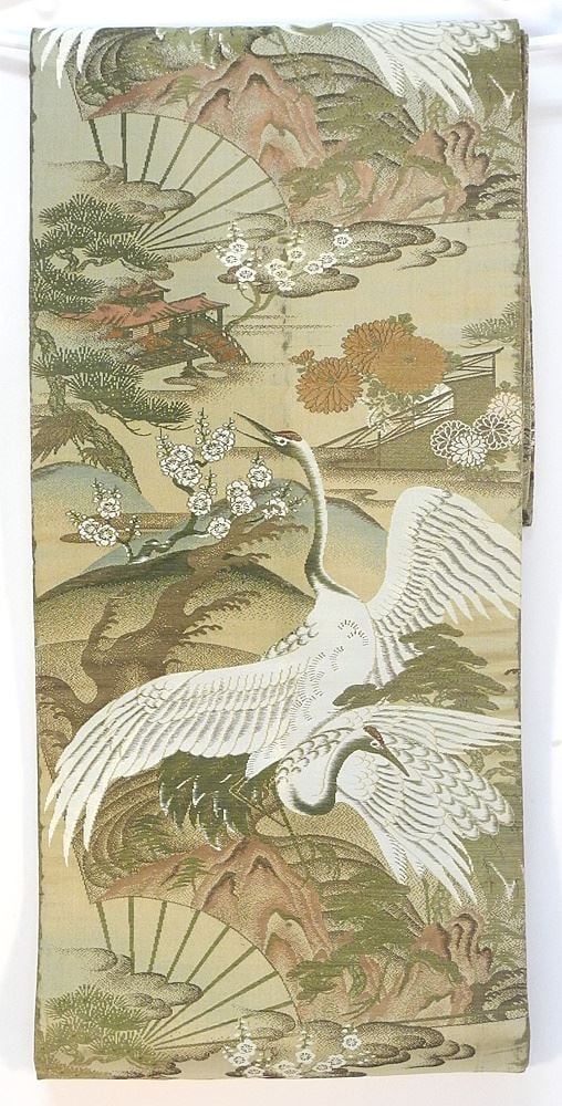 Japanese "Cranes & Fans" Obi, 20th Century, 1' x 12'11".: Japanese "Cranes & Fans" Obi, 20th Century, 1' x 12'11".