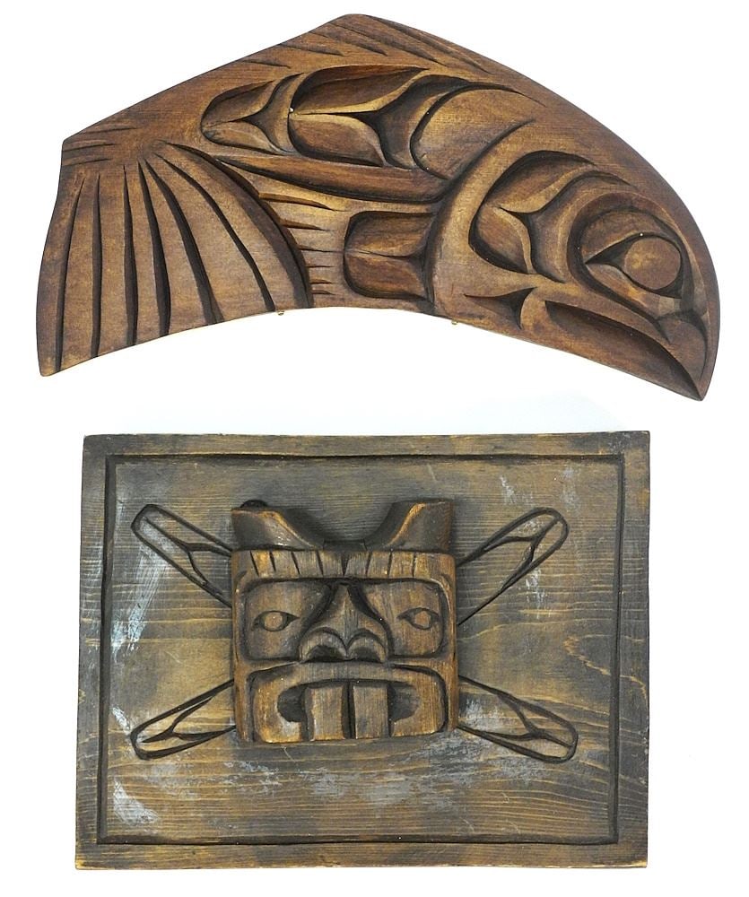 Kwagiulth Carving signed Jackson Robertson (6 1/4 x 11 3/4 x 7/8") "Salmon" and Plaque,unsign (1 of 3)