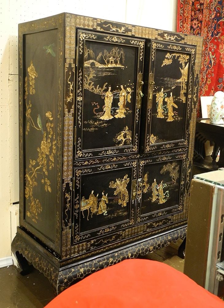 Chinese Black Lacquer Double Door Cabinet on Stand. (1 of 4)