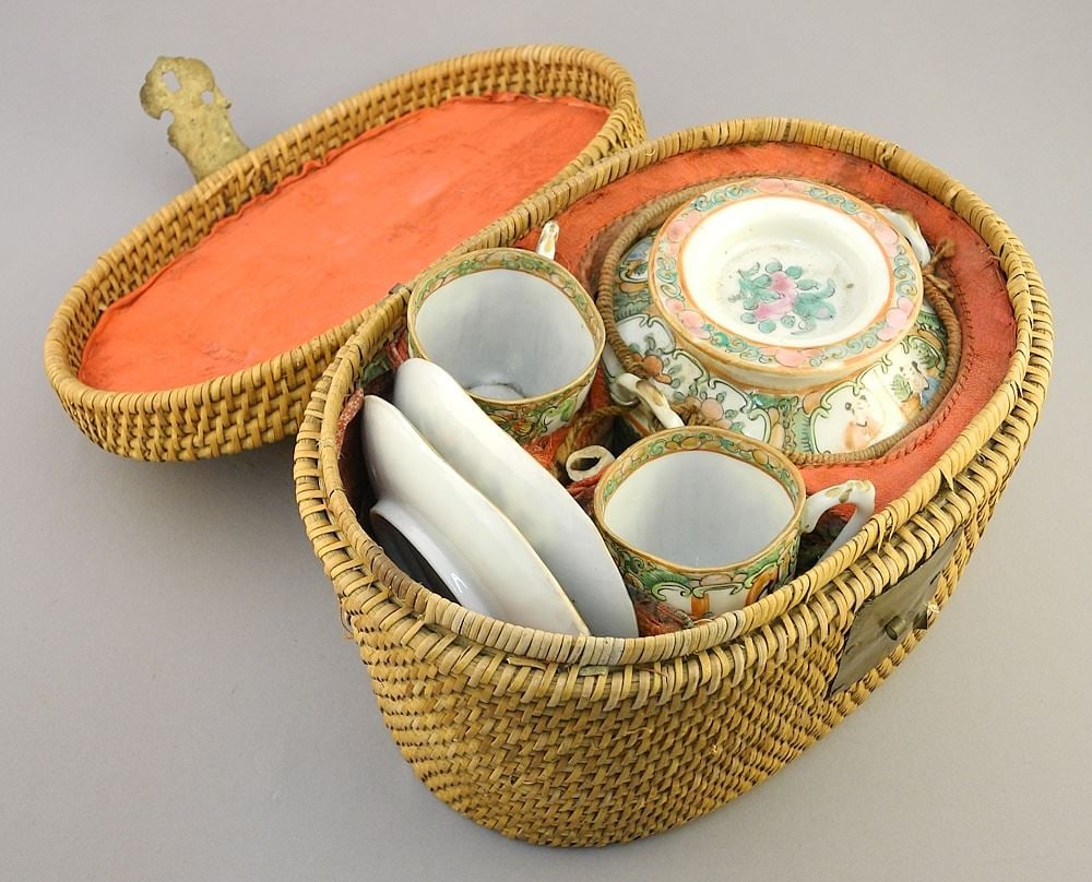Chinese Rose Mandarin Porcelain Tea Set with Insulated Case. (1 of 6)