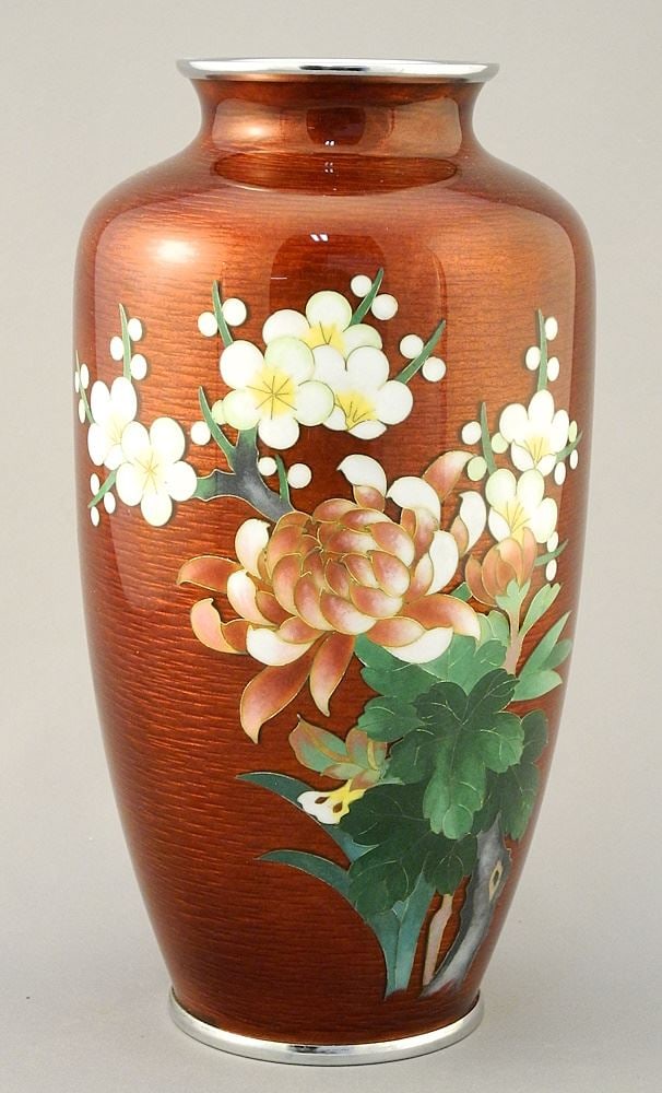 Japanese Akasuke Cloisonne "Prunus Blossom" Vase, 8 1/2"H. (1 of 2)