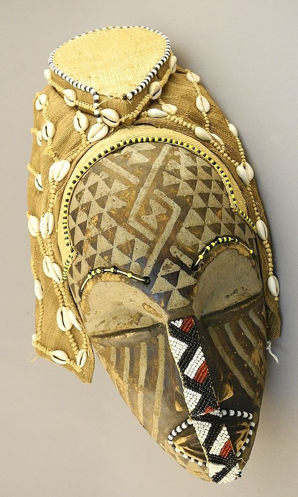 Kuba Mask, Carved Wood with Shells & Beads, 16"H. (1 of 3)