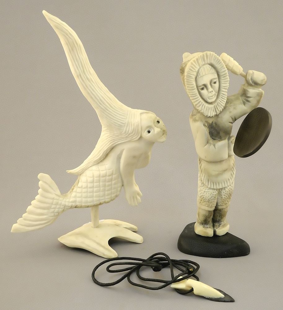 2 Inuit Antler Carvings: Figure signed Chris Aula (6 3/4"H) & 8 1/4" H. Includes Necklace Sedra (1 of 3)