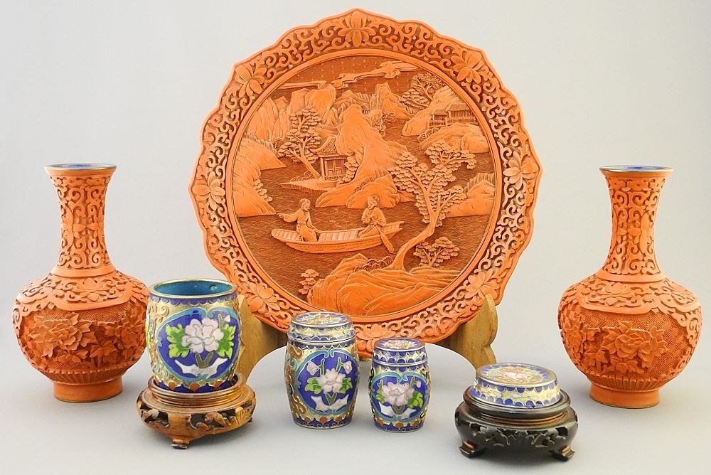 Cinnabar Lacquer Dish & Pair of Vases 9 3/4" Diameter, 6 1/8"H, & 3 Cloisonne Jars. (1 of 3)