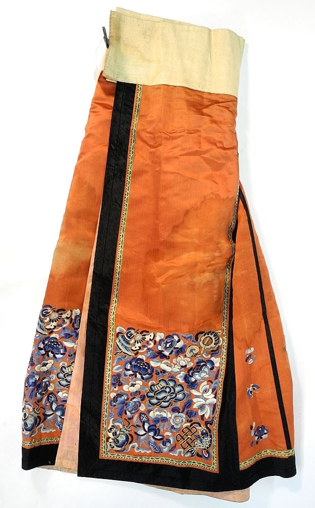Chinese Silk Embroidered Skirt (staining noted).: Chinese Silk Embroidered Skirt (staining noted).
