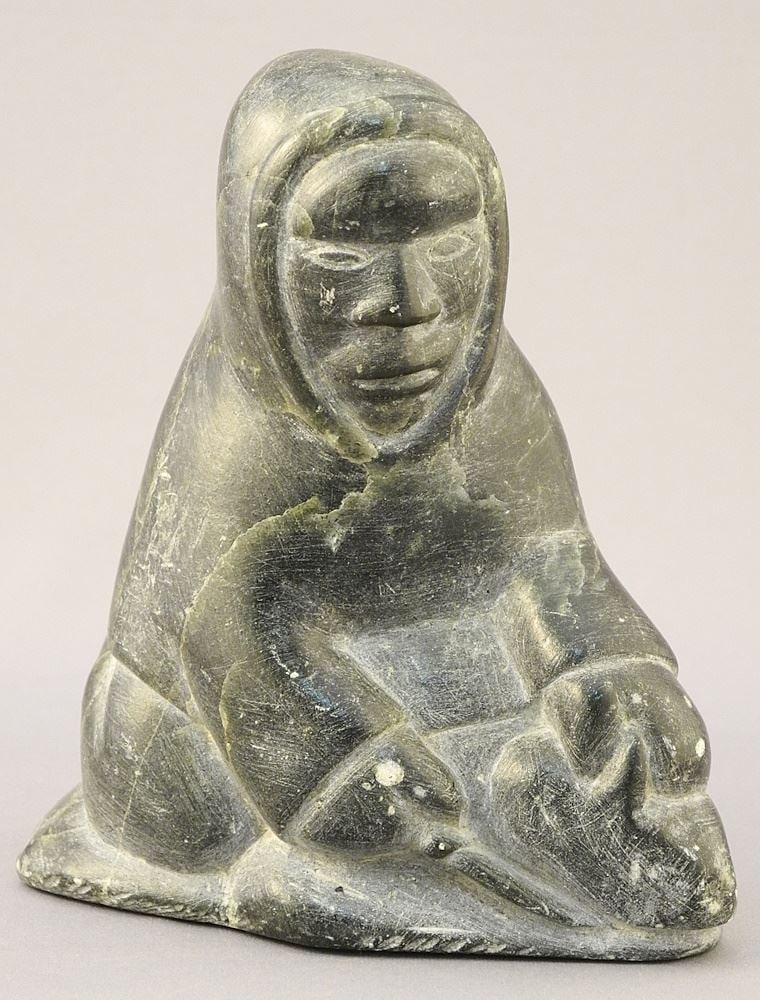 Inuit Stone Carving signed with Syllabics (Isakasudluak), 4 3/4"H, "Man with Knife". (1 of 4)