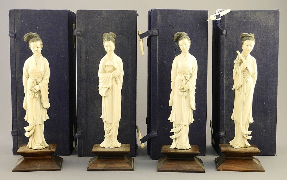 4 Chinese Carved Maidens (6"H) with Stand & Boxes, NO EXPORT. (1 of 3)