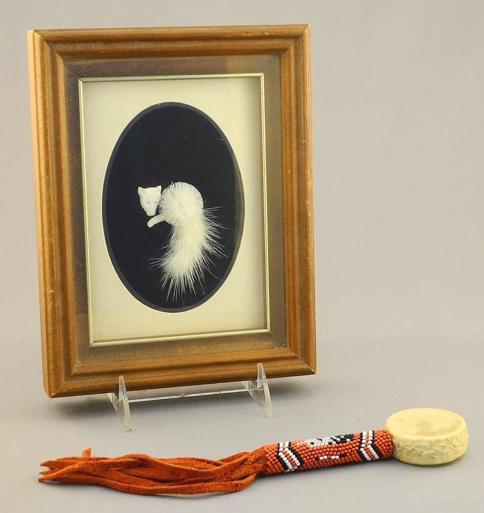 Caribou Hair Sculpture by Myrtle de Meulles, 5 x 3 1/2", "Arctic Fox" with Beaded Rattle. (1 of 4)