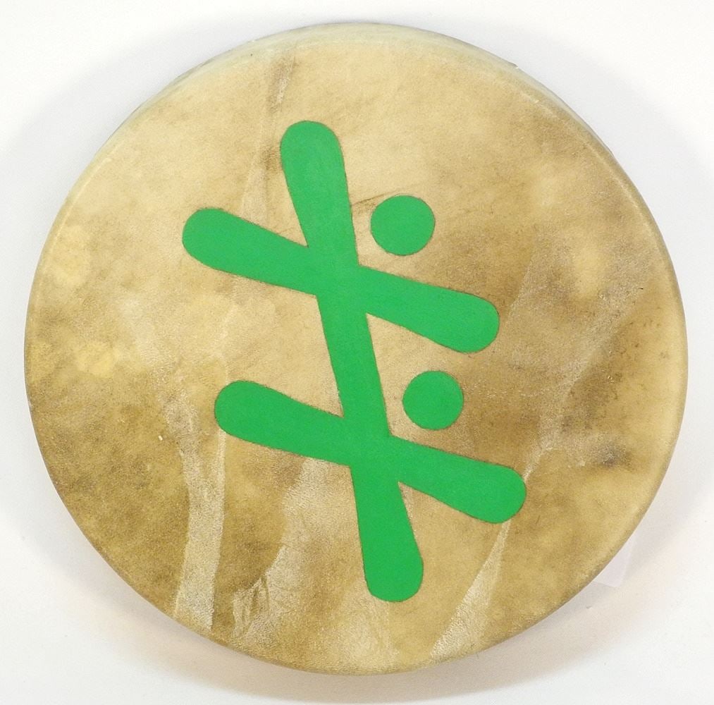 Northwest Coast Drum with Green Design, 14 1/2" Diameter x 2 7/8". (1 of 3)