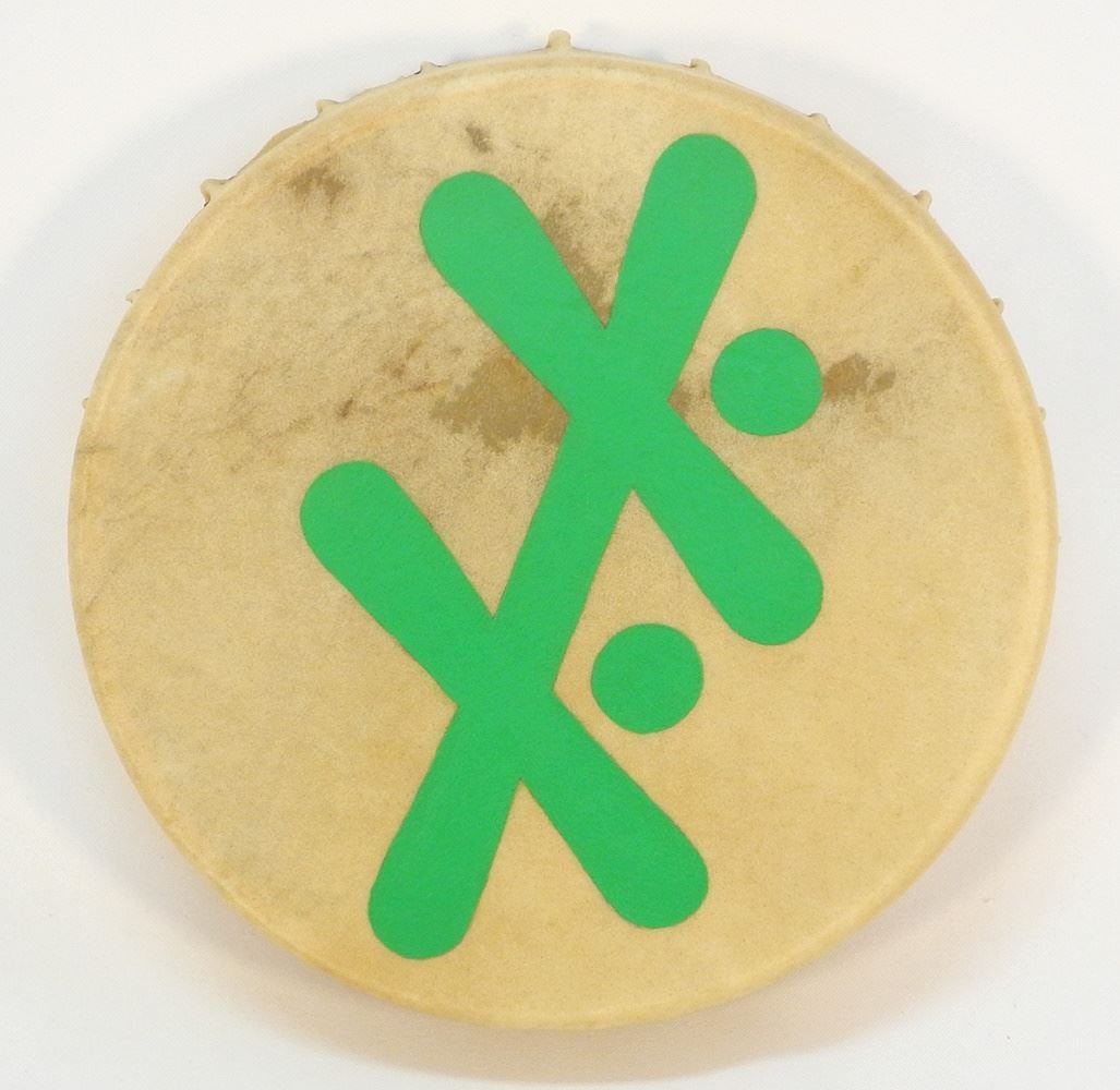 Northwest Coast Drum Monogrammed PB (Pat Beaton)'20, 12 1/8" Diam., 2 7/8", Green Design. (1 of 2)