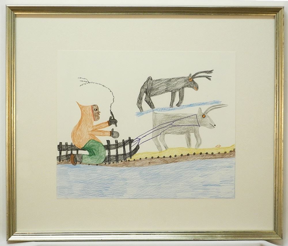 Mary Ayaq Anowtalik Coloured Pencil Drawing signed with Syllabics, 14" x 17", "Deer Pulling Sled (1 of 4)