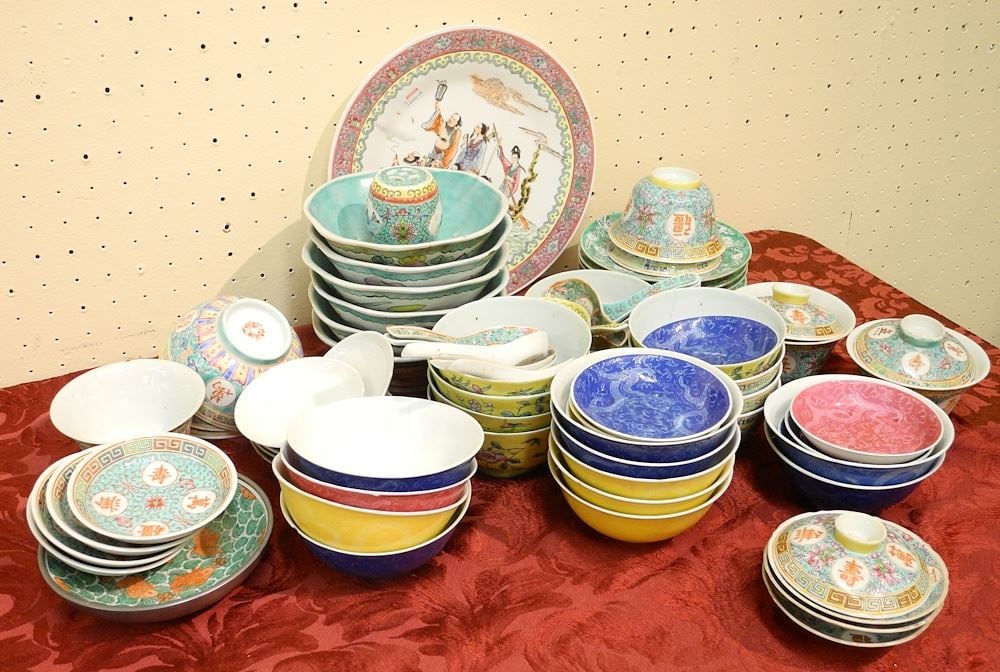 Collection of Various Chinese Enameled Porcelain Wares: Spoons / Cups / Dishes (as is). (1 of 2)