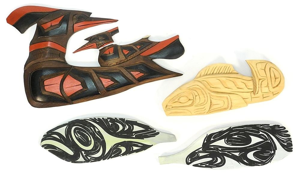 Four New Coast Carved & Painted Items: Gus Trenchy / Nelson McCarty / DW (chipped).: Four New Coast Carved & Painted Items: Gus Trenchy / Nelson McCarty / DW (chipped).