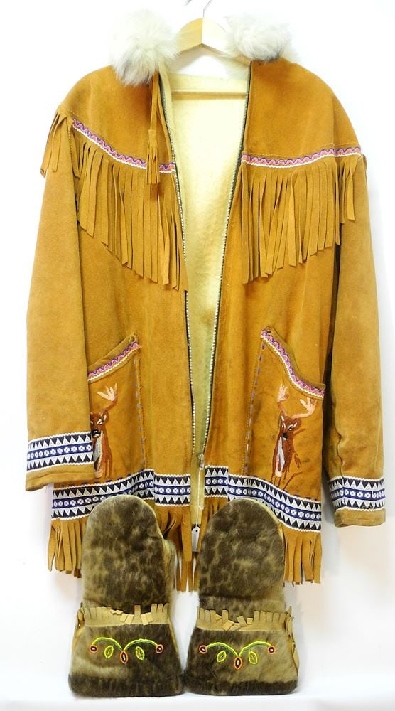 Northern Quebec Fringed & Embroidered Hide Jacket with pair of Seal Skin Mitts. (1 of 5)