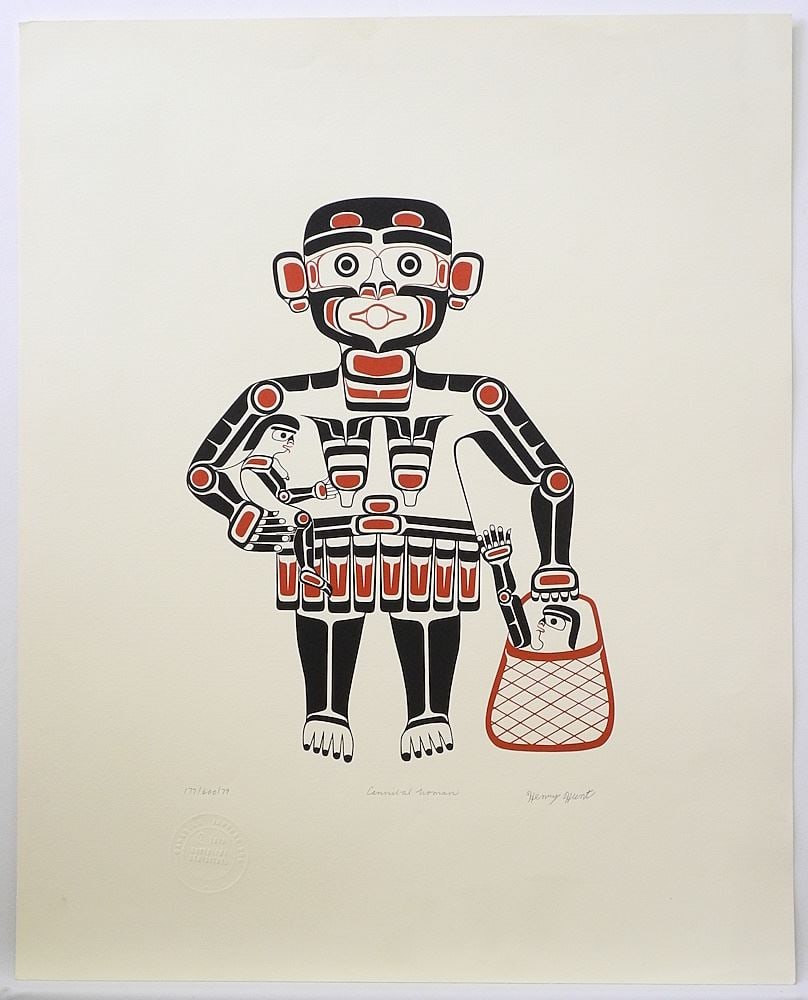 Kwagiulth Serigraph signed Henry Hunt/79, 26" x 21", "Cannibal Woman" #177/600 (unframed).: Kwagiulth Serigraph signed Henry Hunt/79, 26" x 21", "Cannibal Woman" #177/600 (unframed).