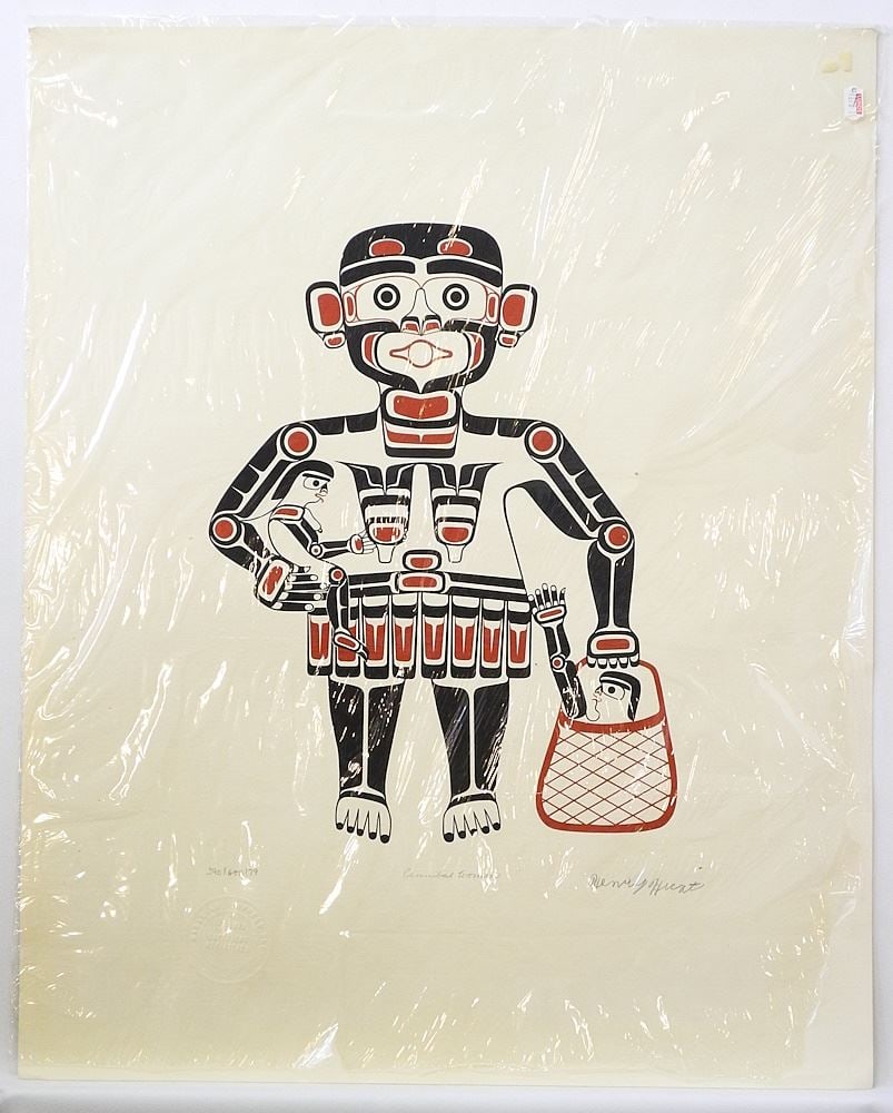 Kwagiulth Serigraph signed Henry Hunt/79, 26" x 21", "Cannibal Woman" #390/600 (unframed).: Kwagiulth Serigraph signed Henry Hunt/79, 26" x 21", "Cannibal Woman" #390/600 (unframed).