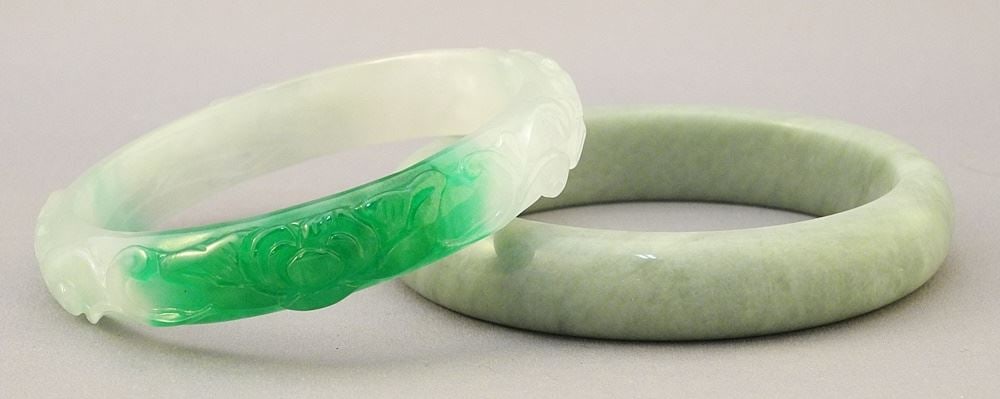 2 Jade Bangles, 1 Carved, 2 3/4" & 3". (1 of 3)
