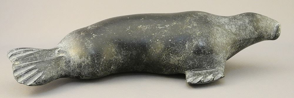 Inuit Stone Seal signed E9-1771 with Syllabics, 12 1/4"L.: Inuit Stone Seal signed E9-1771 with Syllabics, 12 1/4"L.