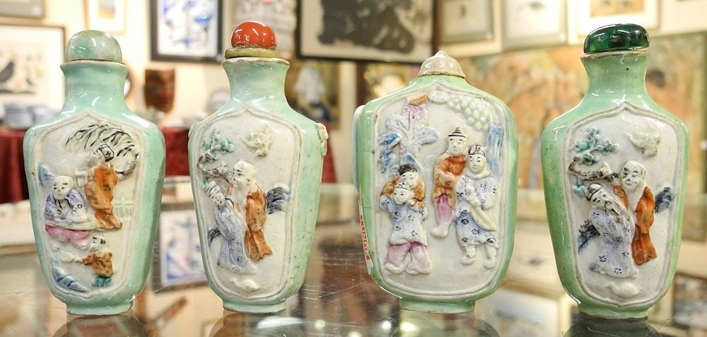 4 Molded Porcelain Snuff Bottles.: 4 Molded Porcelain Snuff Bottles.