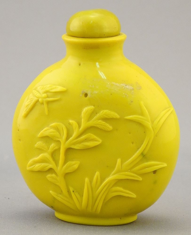 Yellow Chinese Peking Glass "Prunus Bough" Snuff Bottle, 3 1/8"h.: Yellow Chinese Peking Glass "Prunus Bough" Snuff Bottle, 3 1/8"h.