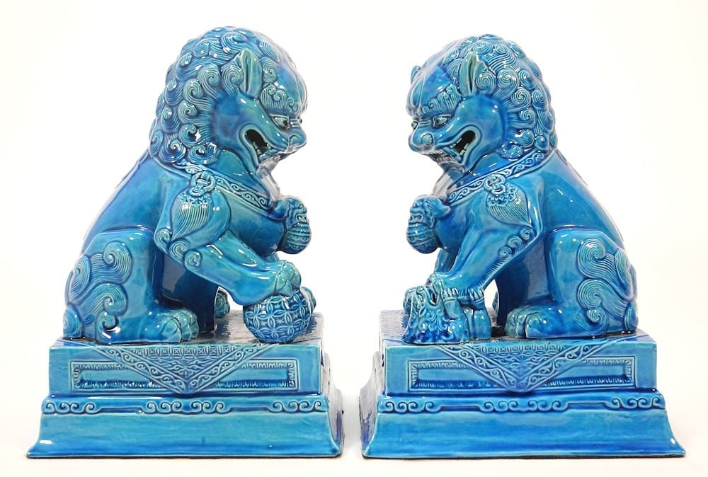 Pair of Buddhist Lion Dogs, Glazed Porcelain, 11 1/4"H. (1 of 3)