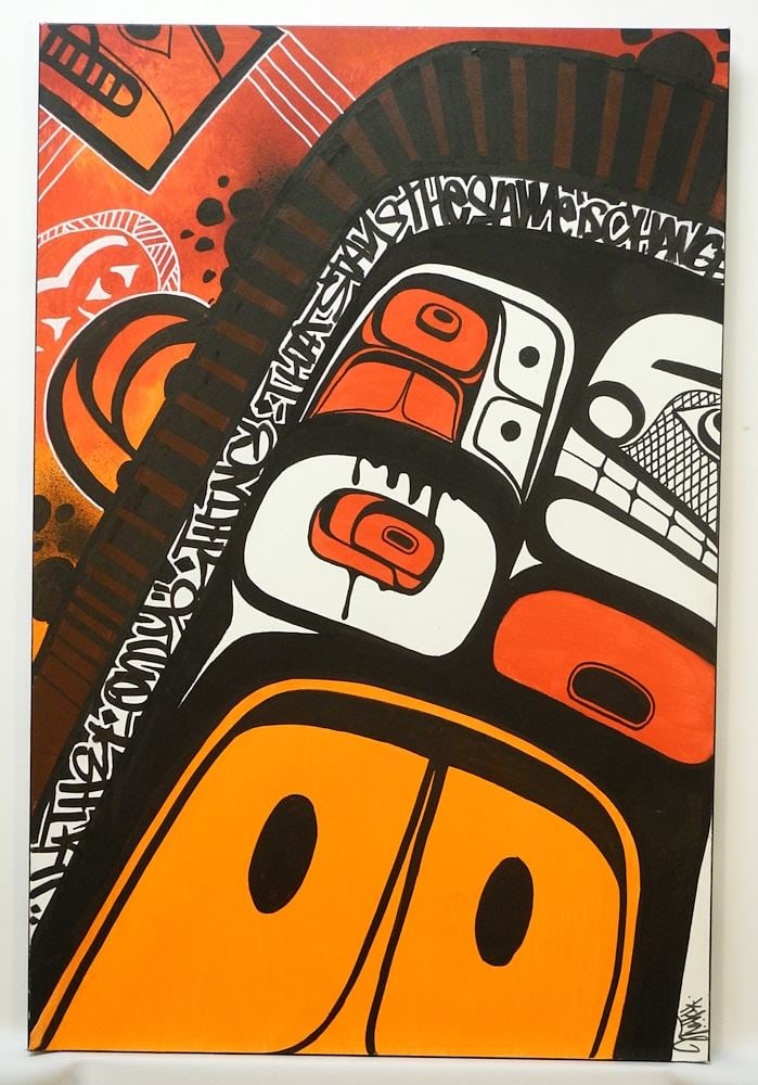 Contemporary Heiltsuk Acrylic on Canvas signed K.C. Hall, 36" x 24", "The only thing that..." (1 of 5)