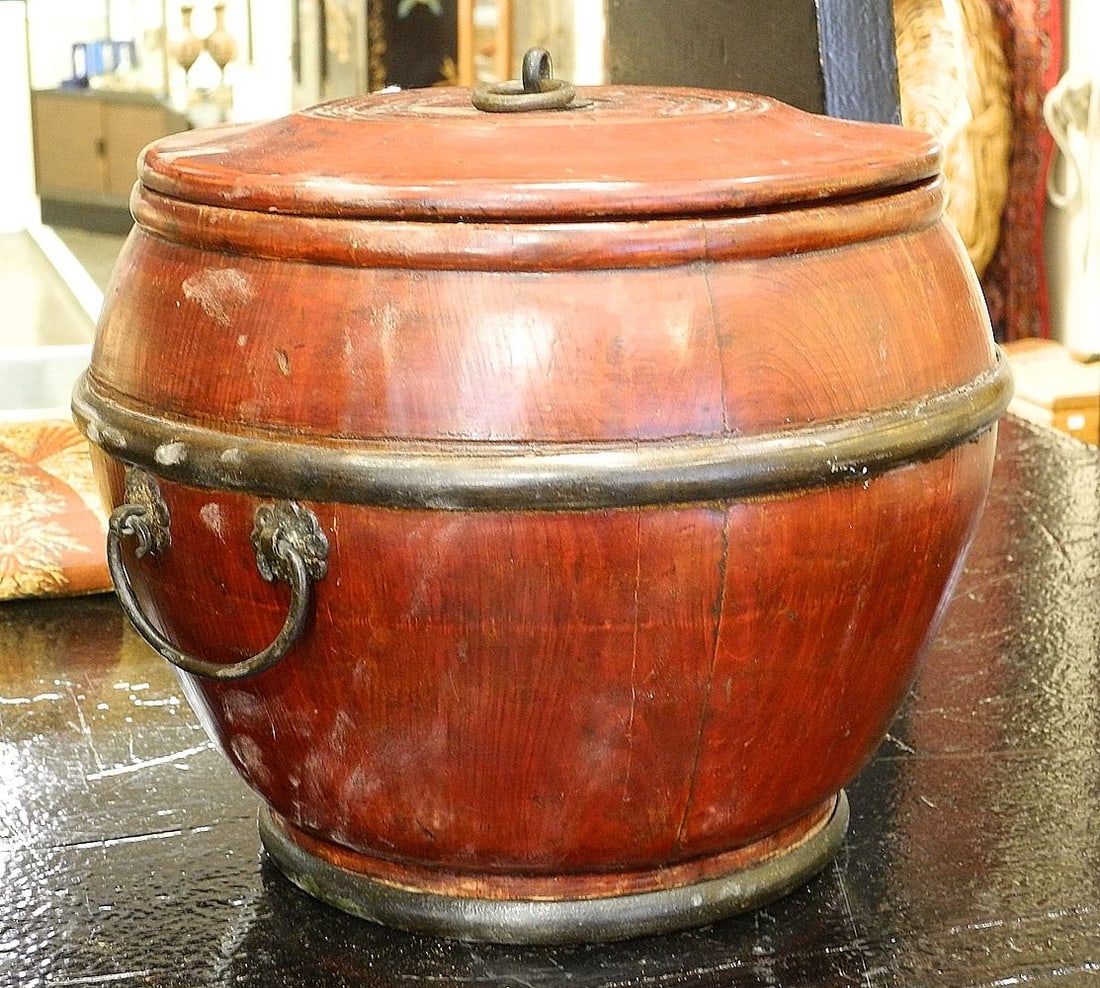 Chinese Scarlet Lacquer Wood Covered Vessel, 9 1/2" x 10 3/4". (1 of 3)