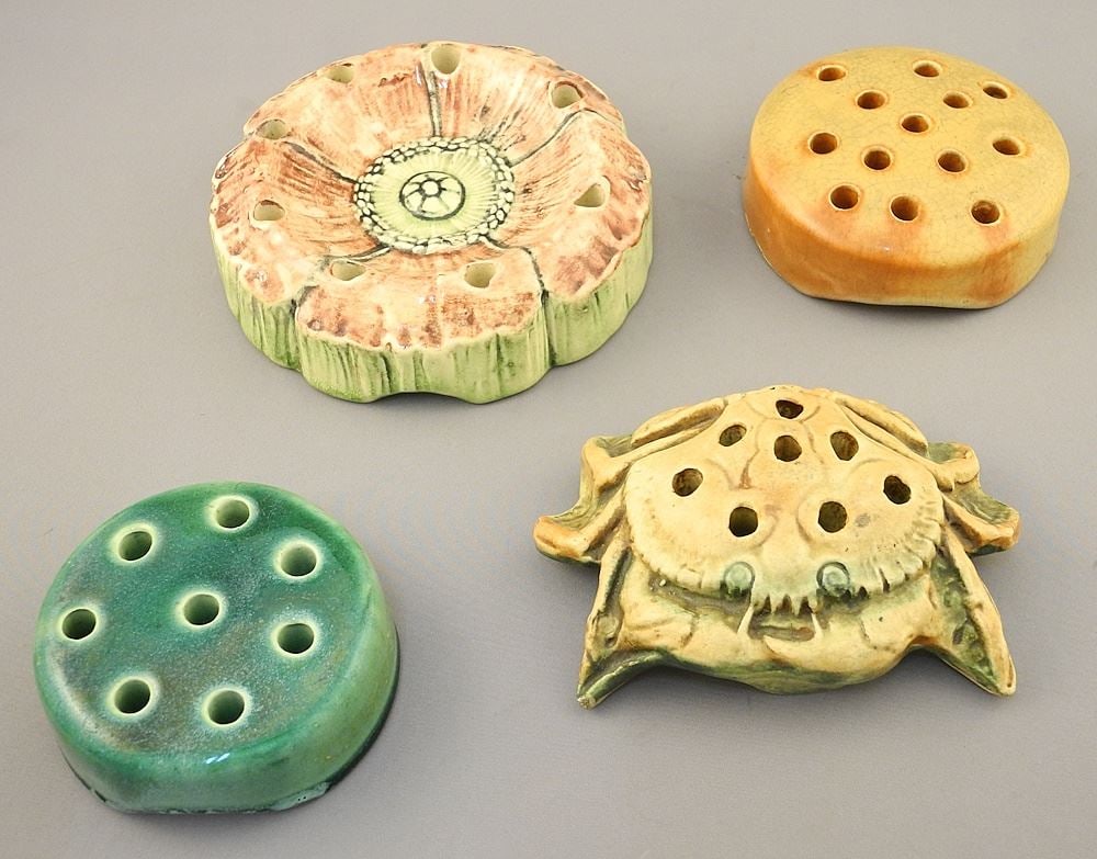 4 Weller Pottery Flower Frogs: Crab / Floral / Green / Caramel 3 1/2 - 5 1/4". (1 of 2)