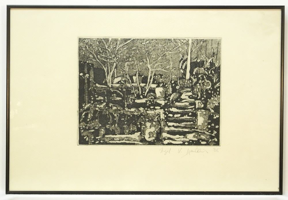 Lithograph signed Nigel V. K****lin 86', 8 7/8" x 11 1/2", "Untitled Garden Scene". (1 of 3)