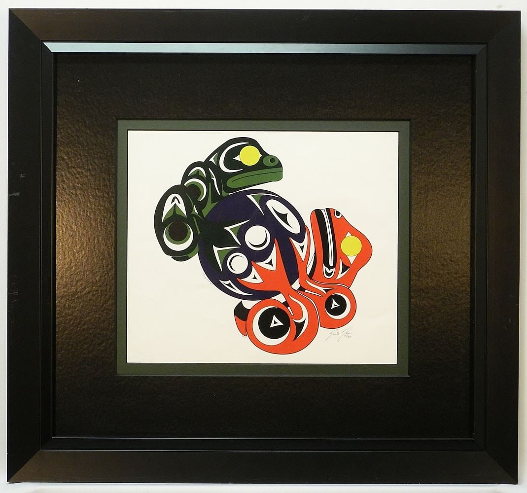 Northwest Coast Serigraph signed Indistinctly, 10 1/2" x 12 3/8", "Frog World 2011" #2/200. (1 of 3)