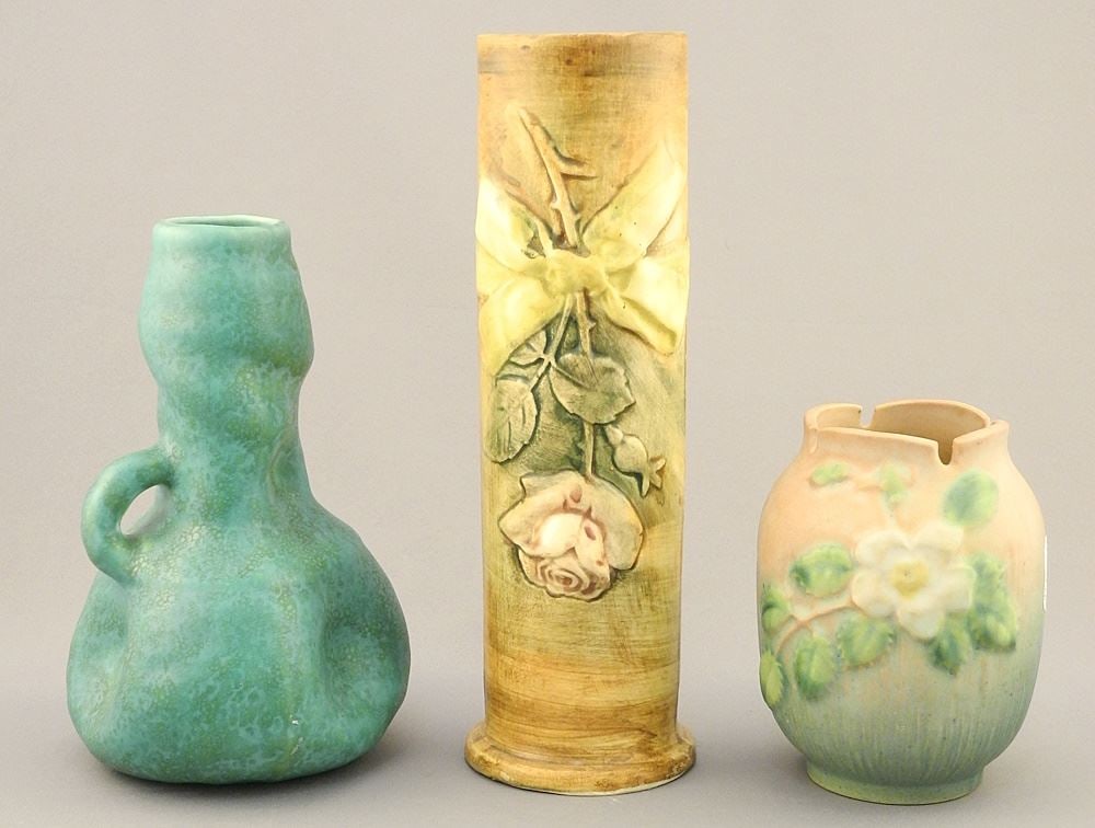 3 Art Pottery Vases: Roseville (4 1/4"H) / Weller (8 3/8"H), Green (6 1/8"H) (chipping noted) (1 of 4)