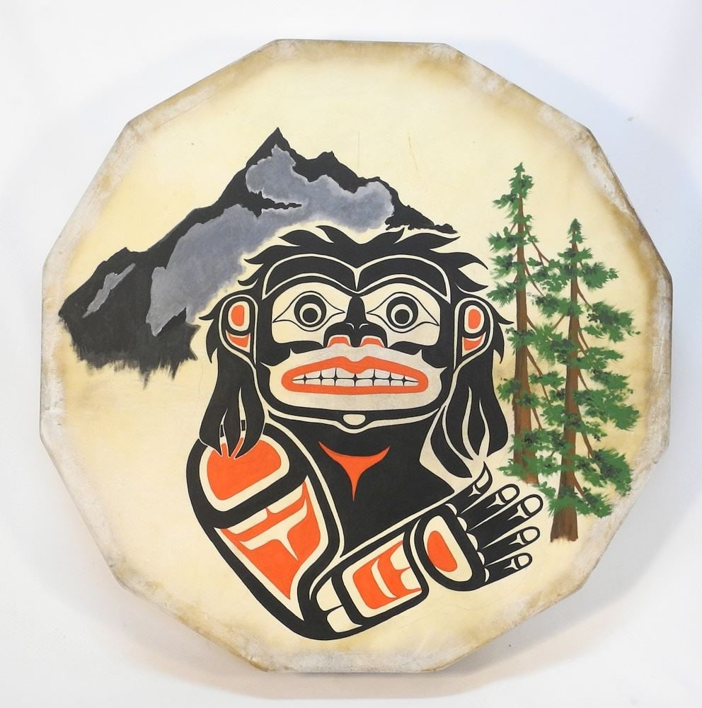 Northwest Coast "Bukwus" Drum, unsigned, 25 7/8" x 25 7/8" x 4". (1 of 2)