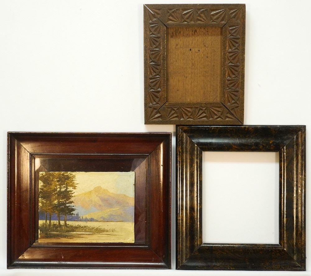 Collection of Old Frames Including Tramp Art & Oil Painting, 7" - 11 1/2". (1 of 2)