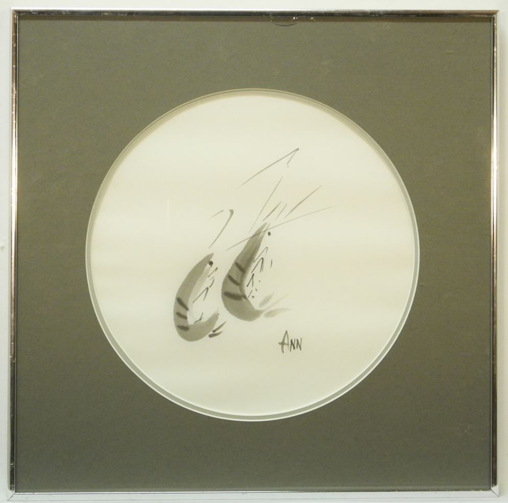 Ink Painting signed Ann, 11" Diam., "Two Shrimps".: Ink Painting signed Ann, 11" Diam., "Two Shrimps".