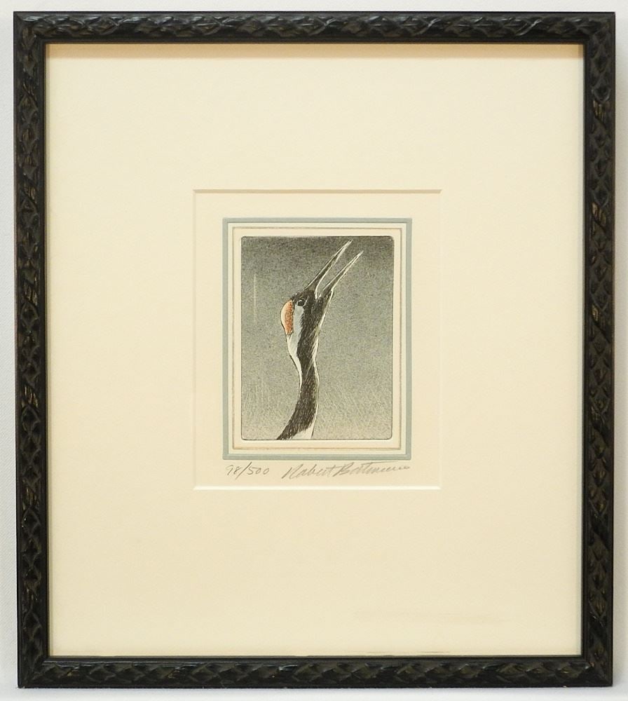 Coloured Etching signed Robert Bateman, 5 3/4 x 4 3/4", "Red Crowned Crane", #98/500. (1 of 3)