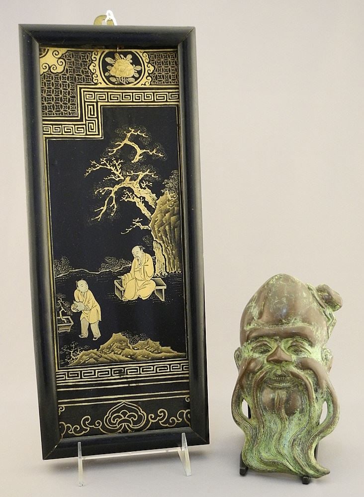 Chinese Gilt Black Lacquer Panel (13 1/2" x 4 5/8") & Bronze Mask of Shou Lao, 7 1/4"H. (1 of 3)