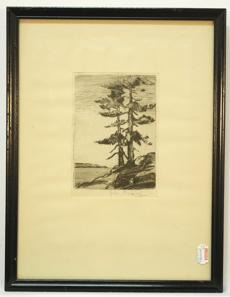 Drypoint Etching signed Arthur Checkley, 5 1/4" x 3 5/8", "Two Trees Waters Edge". (1 of 3)