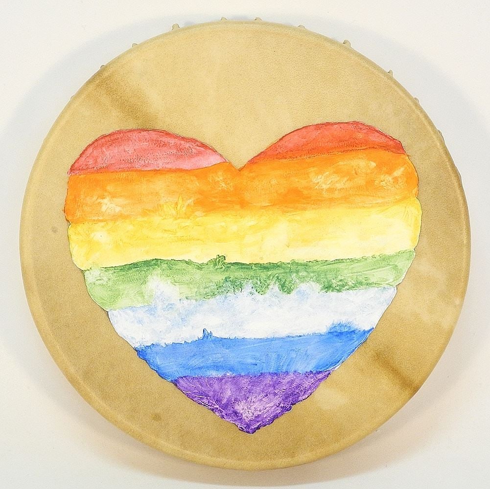 Northwest Coast Drum signed Pat Beaton'20, 16" Diameter x 2 7/8", "Heart Design". (1 of 4)