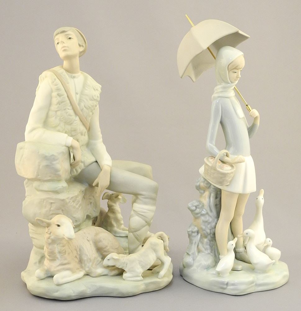 2 Lladro Figurines: Shepherd Boy (9 7/8"H) & Girl with Ducks (10 3/4"H). (1 of 5)