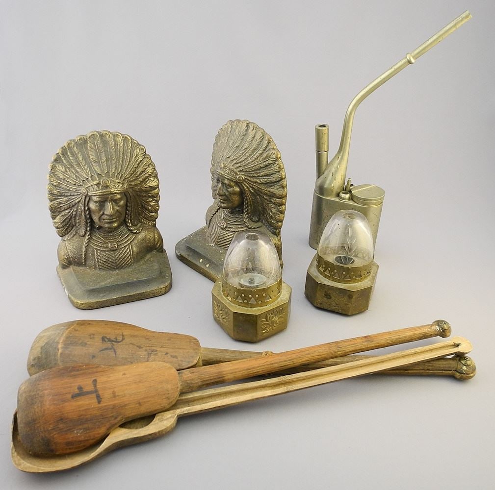 Collection of Opium Lamps & Tobacco Pipe with Scale & Headdress Book Ends (1 of 4)