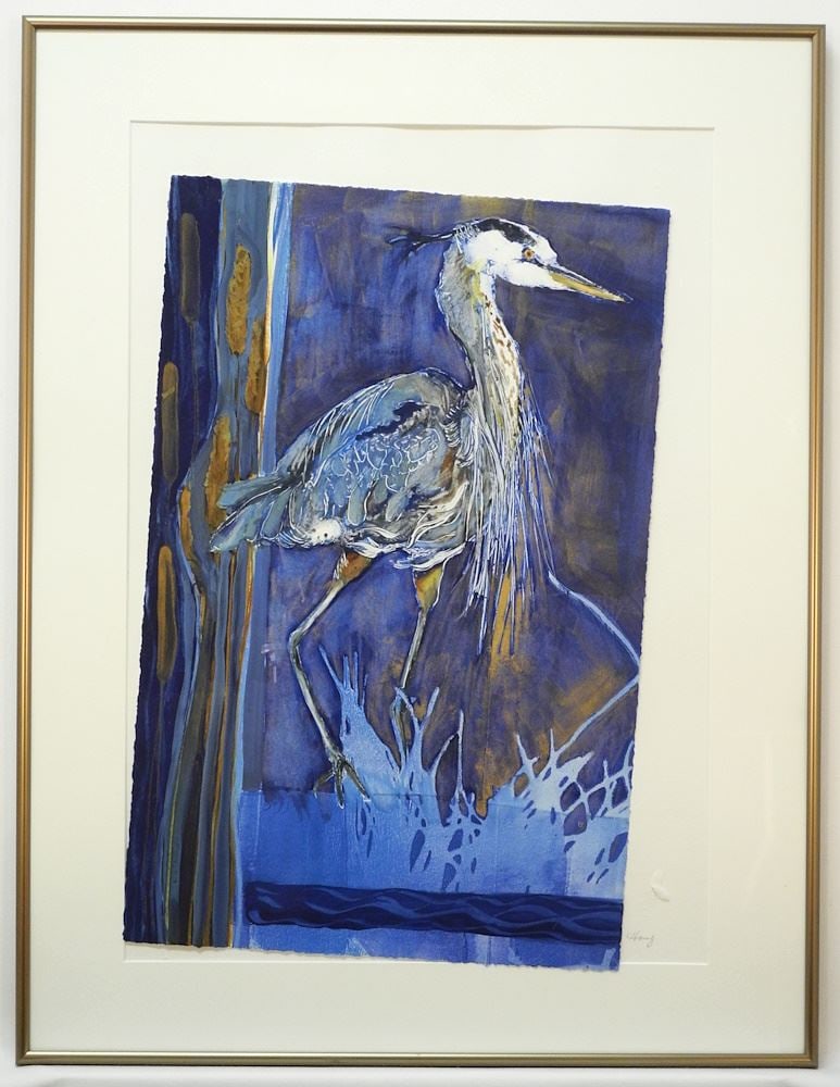 Monoprint signed Carolyn Houg, 22" x 14 3/8", "Evening Wade" #1/1. (1 of 3)