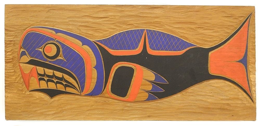 Carved and Painted Cedar Panel signed Clarence F Dick, 24" x 11", "Dick".: Carved and Painted Cedar Panel signed Clarence F Dick, 24" x 11", "Dick".