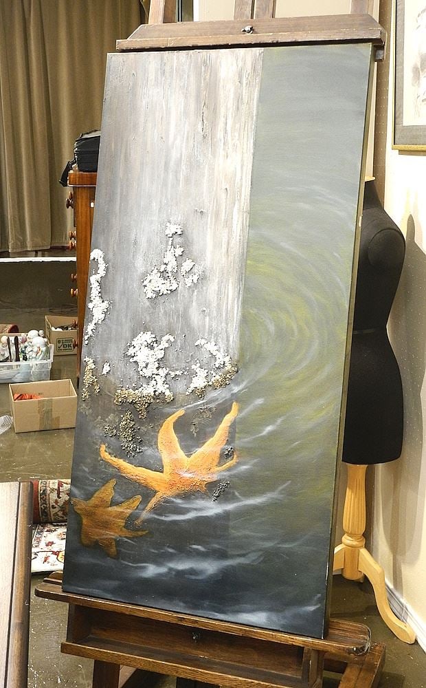 Oil on Canvas signed Suzanne Lee, Verso, 48" x 24", "Marine Relics VIII".: Oil on Canvas signed Suzanne Lee, Verso, 48" x 24", "Marine Relics VIII".